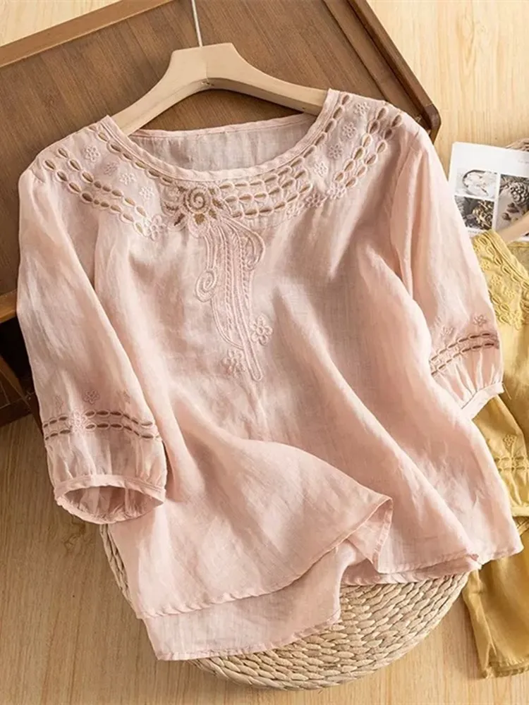 Zwaar borduurwerk linnen katoenmix dames irt zomer 2025, nieuwe artistieke retro losse pasvorm ronde ne katoenen linnen blouse