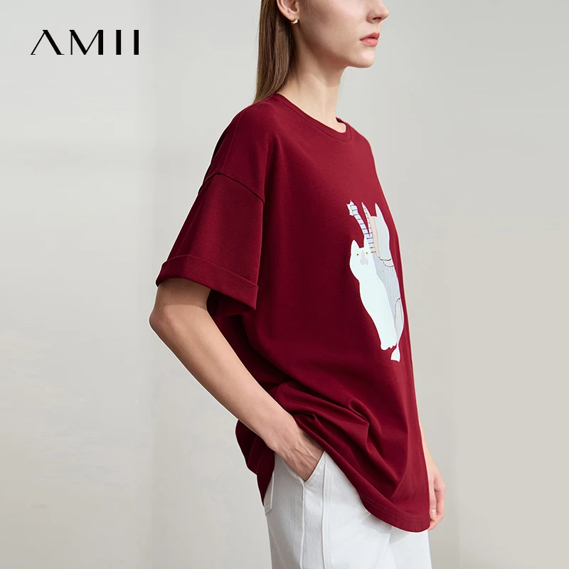 Amii Topสําหรับผู้หญิงMinimalist 2025 ฤดูร้อนสไตล์ใหม่สบายๆO-คอพิมพ์เปิดหลวมผ้าฝ้ายยืดเสื้อยืด 12522144