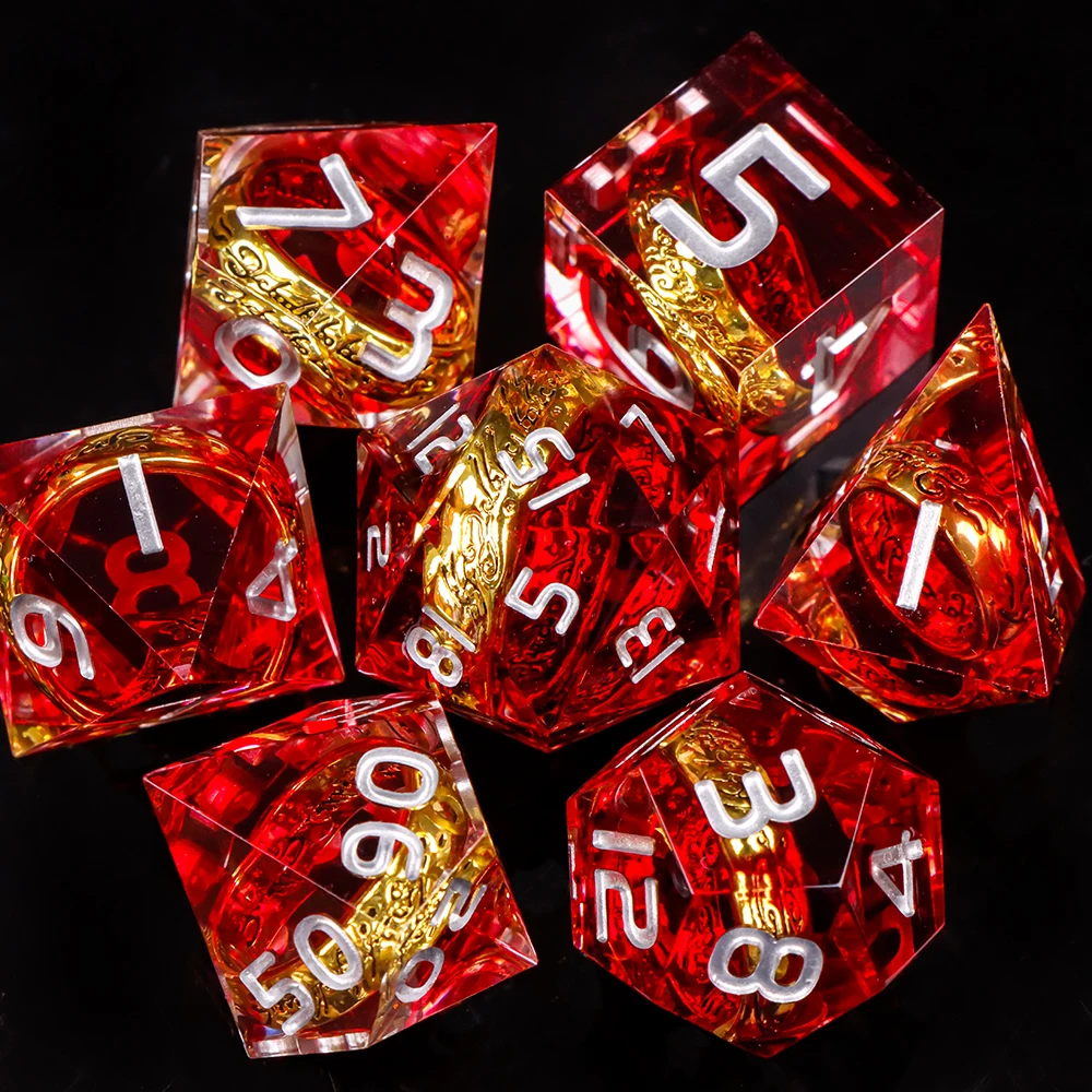 

Golden Ring Inclusion Sharp Edge Resin Dice Set for RPG Role Playing Games DND Lord of the Ring Theme D&D Dice Suit