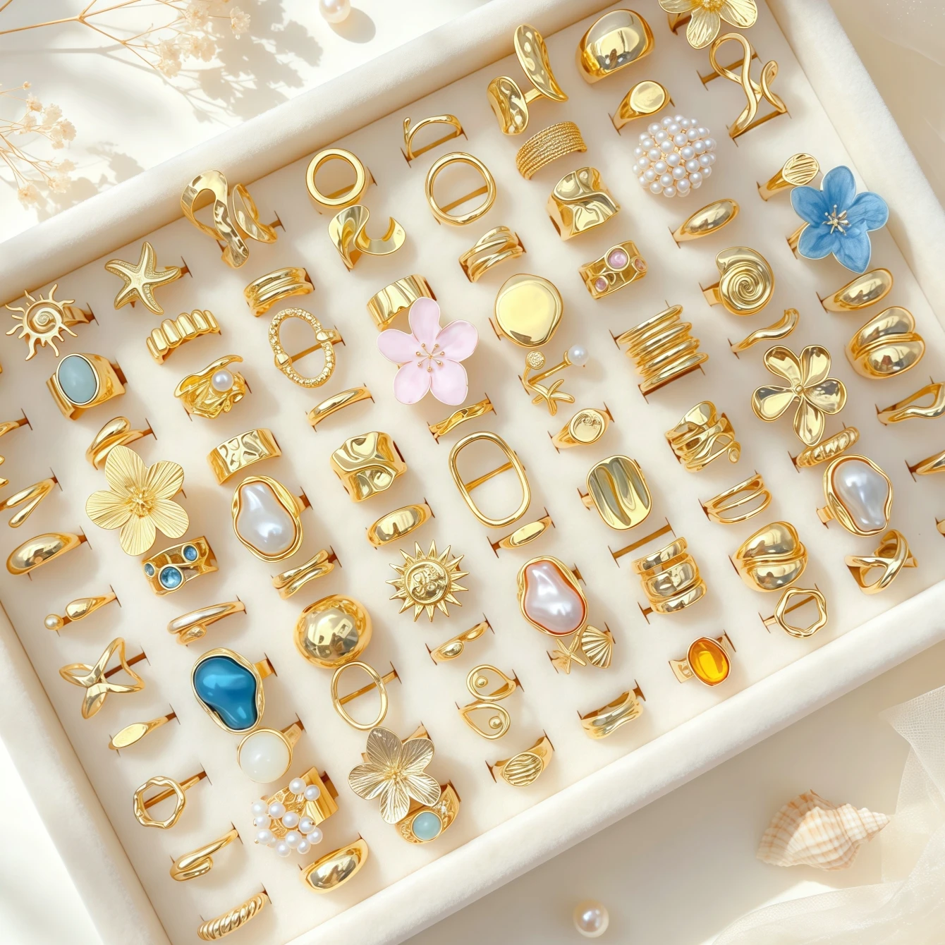 6/12/24/36/48/100Pieces Fashion Flowers Geometry Irregular Open Rings Set For Women Mix Style Trendy Elegant Jewelry Party Gifts