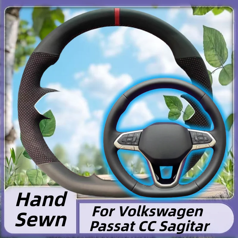 

Genuine Leather Hand-Sewn Steering Wheel Cover For Volkswagen Passat CC Sagitar Anti-Slip Breathable Auto Interior Accessory