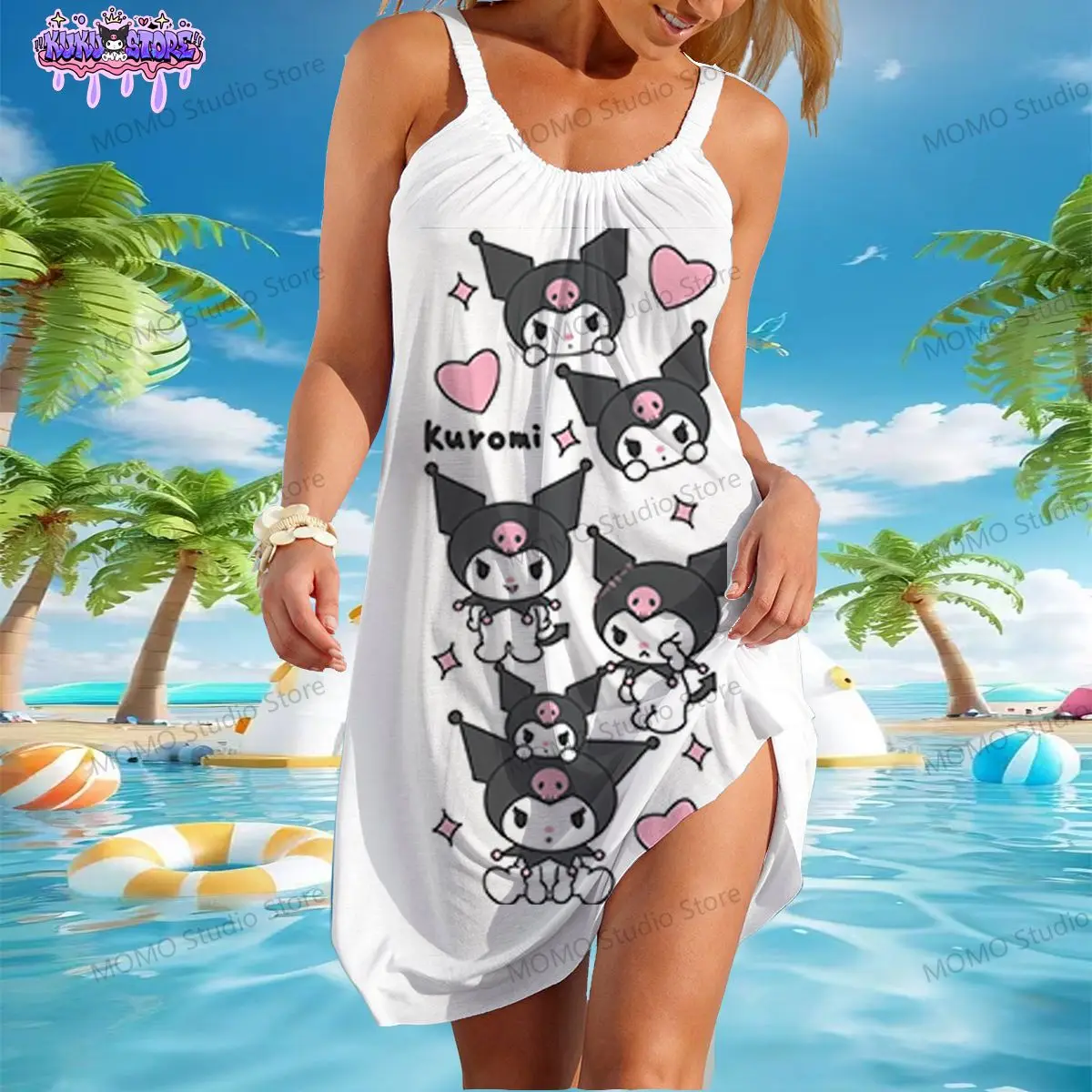 Dames Strandjurken Kuromi Kawaii Zomer Jeugdige Vrouw Kleding Sanrio Sling Y 2K Nieuwe Jurk 2024 S-3xl Boho Eendelig Mode