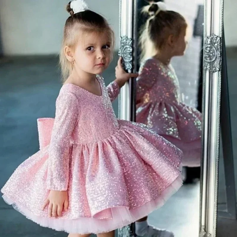 Adorável vestidos da menina de flor para o casamento arco lantejoulas babados com decote em v princesa menina crianças festa aniversário primeira comunhão vestido