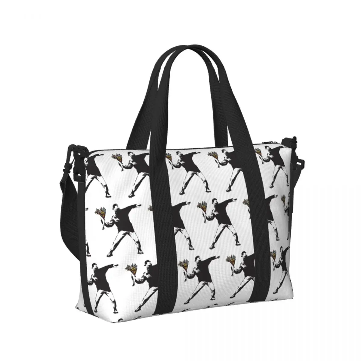 

Banksy Graffiti Protest Anarchist Throwing Flowers Beach Travel Bag Tote Bags for Gym Yoga Women Shopping Duffle Shoulder Bag