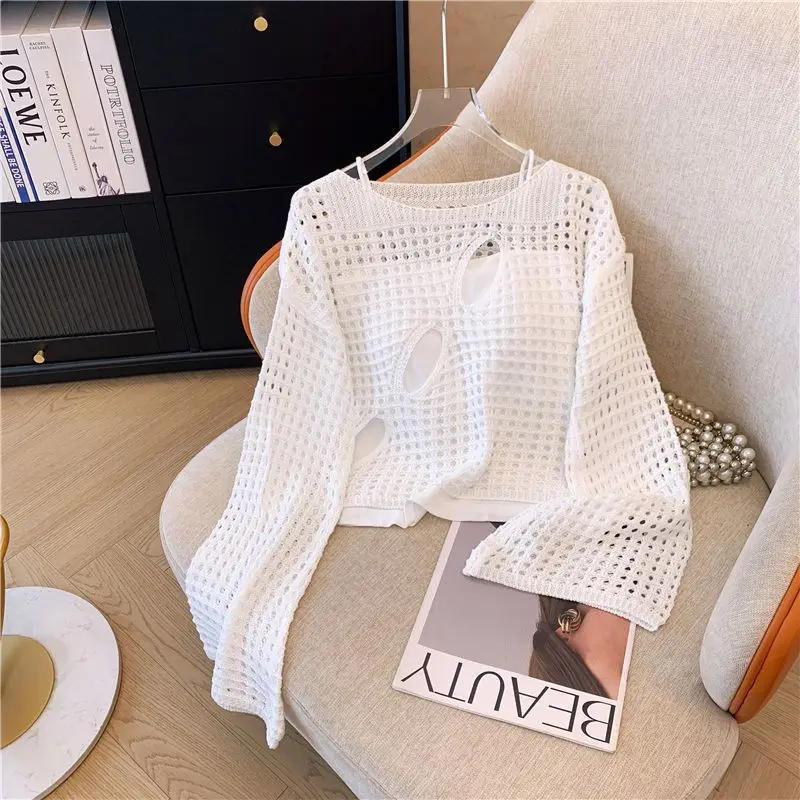 

Летняя элегантная женская футболка с перекрестным круглым вырезом и длинным рукавом, модная повседневная полая женская футболка, вязаная крючком верхняя одежда Z382