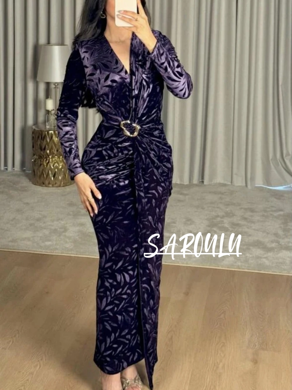 Elegant Purple Velvet Maxi Prom Dress For Women Dubai V Neck Long Sleeve Bodycon Evening Party Wedding Galas Wear S-3XL