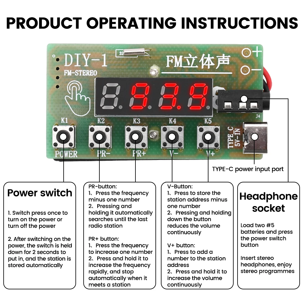 87-108MHz Radio AM/FM Midwave FM 2-band Digital Tuning Headset Radio DIY Kit for Soldering Practice Knob/Key Style