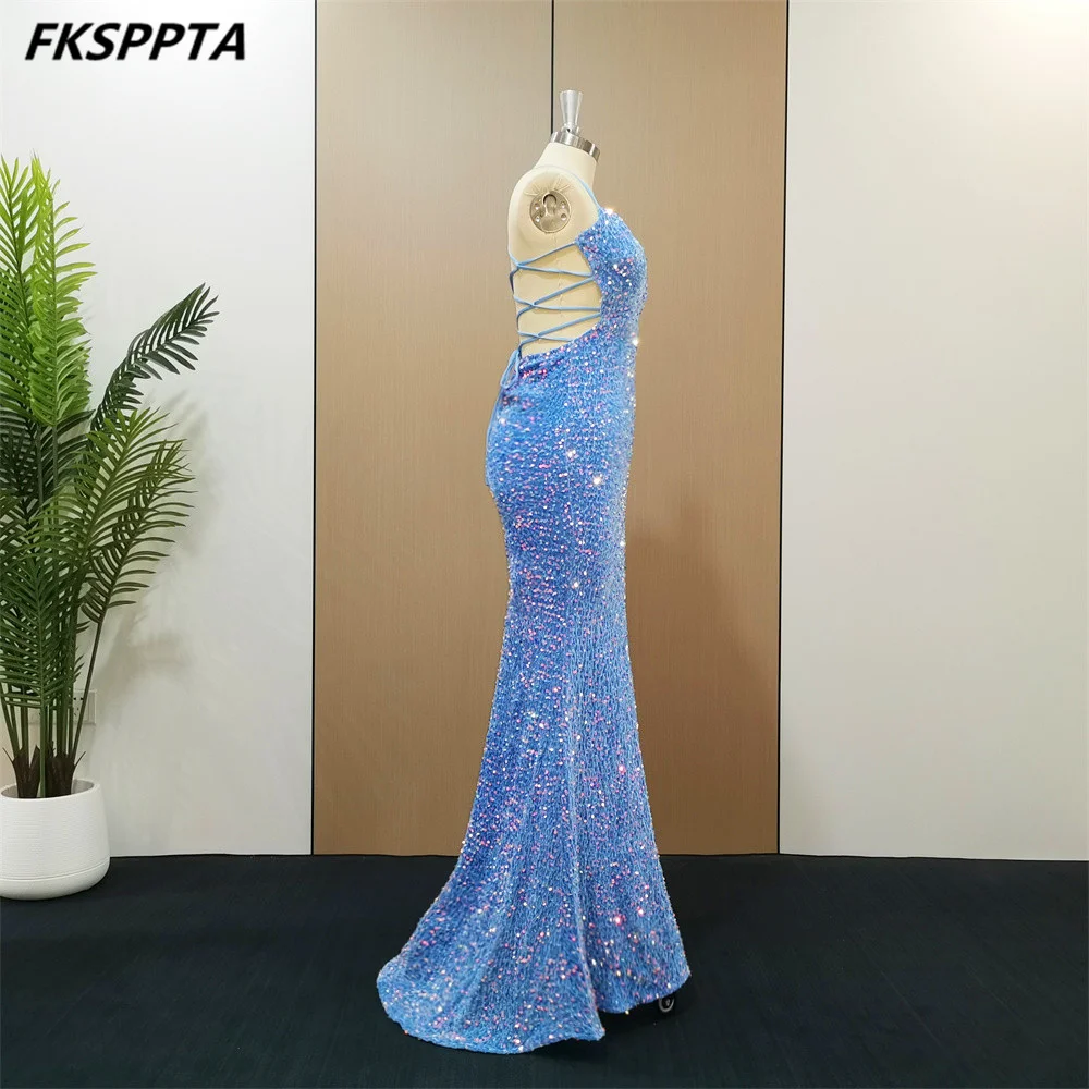 Backless Mermaid Baby Blue Evening Dress 2023 Strapless High Slit Elastic Sequins Sexy Women Gowns For Birthday Robe De Soiree