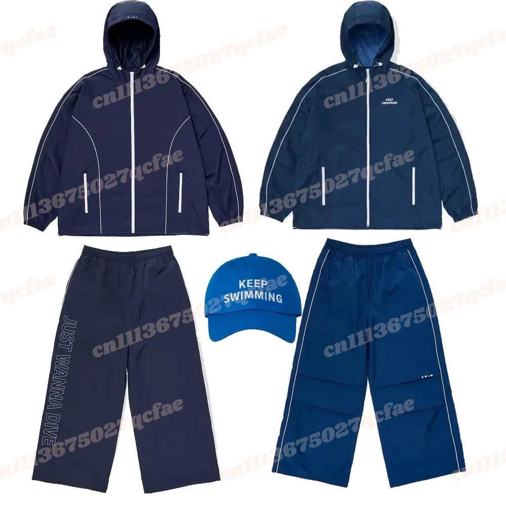 

Just Wanna Dive Suit Kpop Keep Swimming Print Zipper Blue Hooded Windbreaker Jacket Men Women Men Outdoor Casual