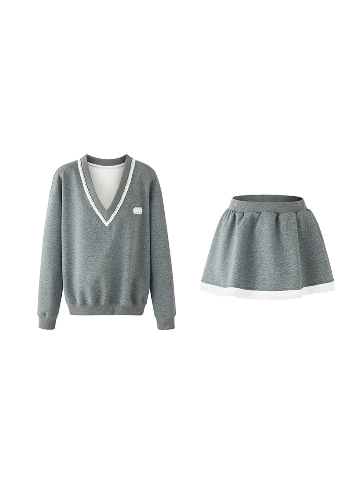 

LaluneDuCiel Silver Fur Sweatirt/Lace Splicing Skirt Women's 2024 Autumn ey Two-Piece Set Long Sve V-Ne Hoodie