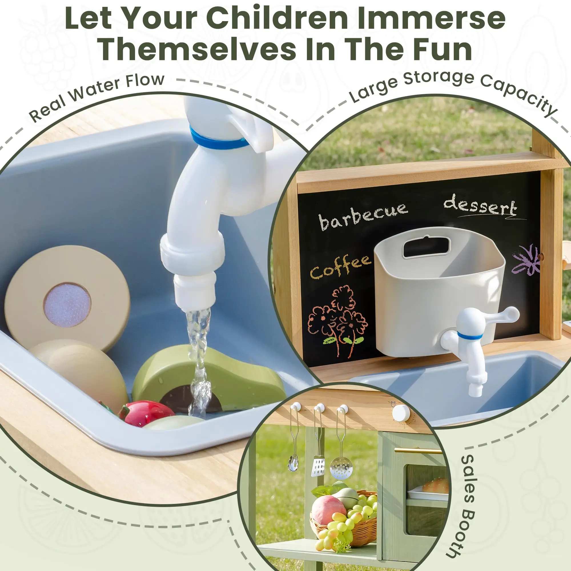 ROBUD Mud Kitchen Outdoor Solid Wooden Play Kitchenwith Barbecue Grill Removable Sink Faucet Monteeori Toys for Children Ages 3+