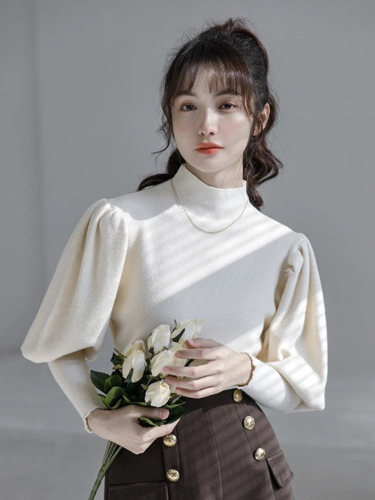 Women's Knit Sweater Puff Sleeve Aesthetic Attractive Casual Sale All Cheap Thermal Original Hot Winter Solid Ladies Pullovers