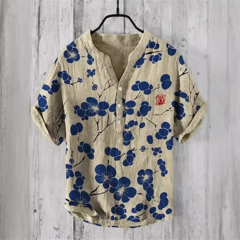 2024 cross-border summer new 3D digital heat transfer animal landscape 3-button large size stand-up collar short-sleeved shirt