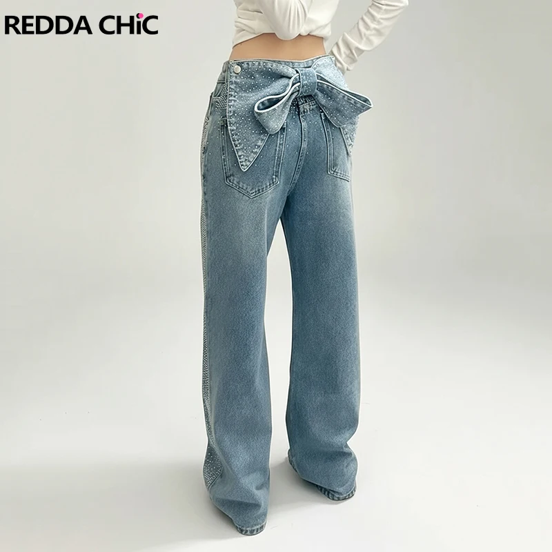 

Женские джинсы REDDACHiC с отстегивающимся бантом и стразами, винтажные, милые, с высокой посадкой, с карманами, прямые, свободные, в стиле Y2K, модная одежда