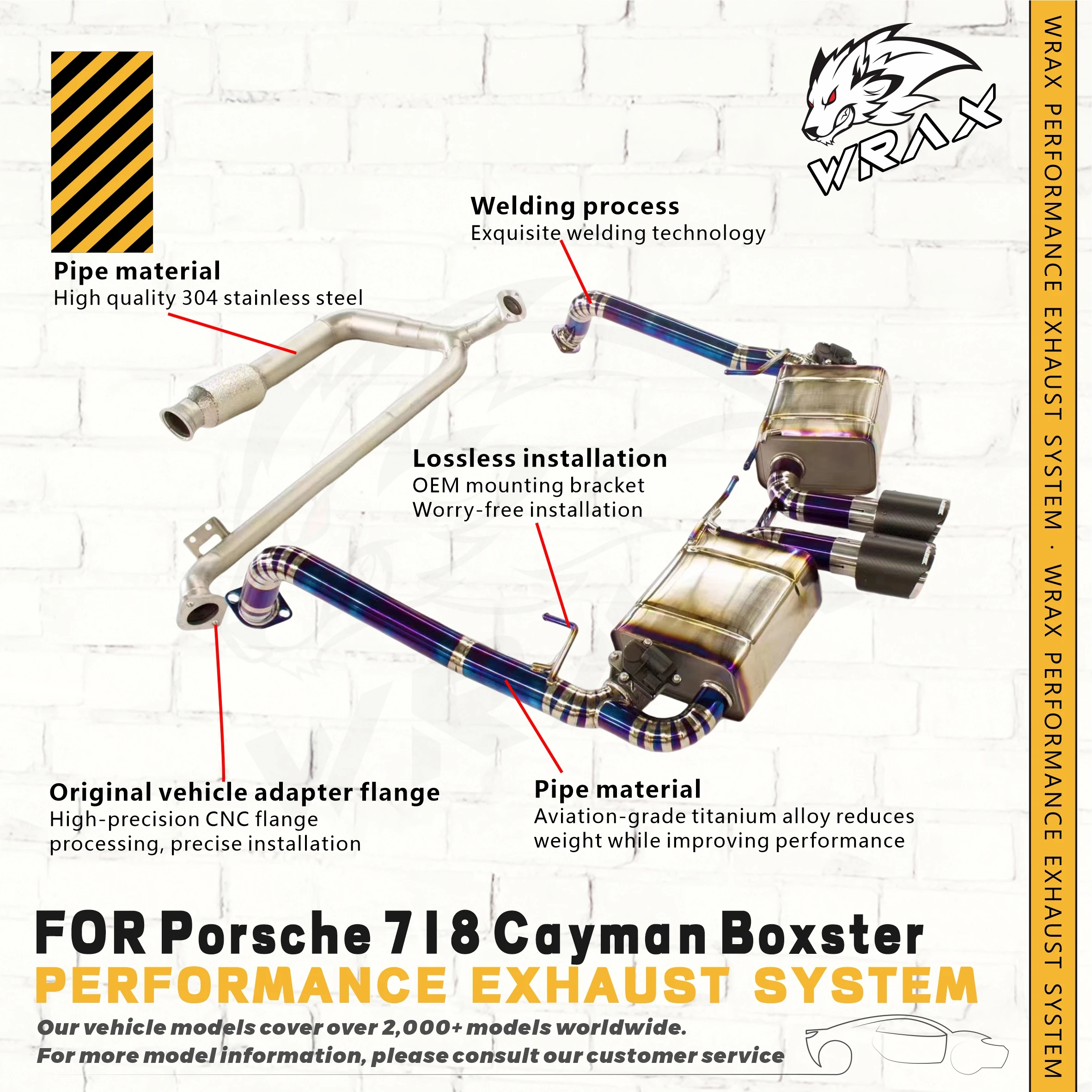 

WRAX Exhaust modification for Porsche 718 Cayman Boxster - Stainless steel Downpipe + Titanium alloy blue-burned Catback