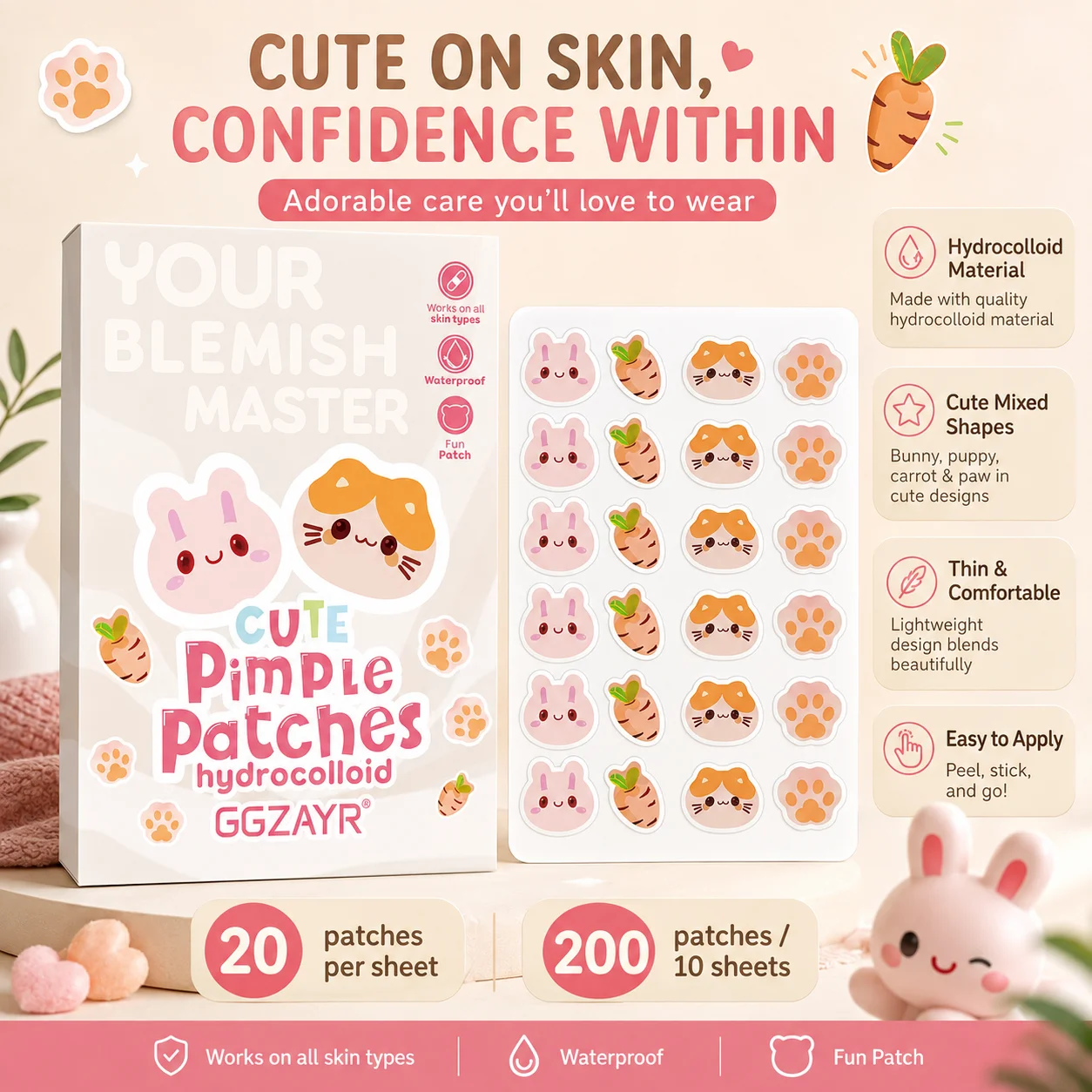 200PCS Cute Bunny Cat Hydrocolloid Pimple Patches 10 Sheets, Carrot Paw Shape Face Stickers for Daily Skin Care