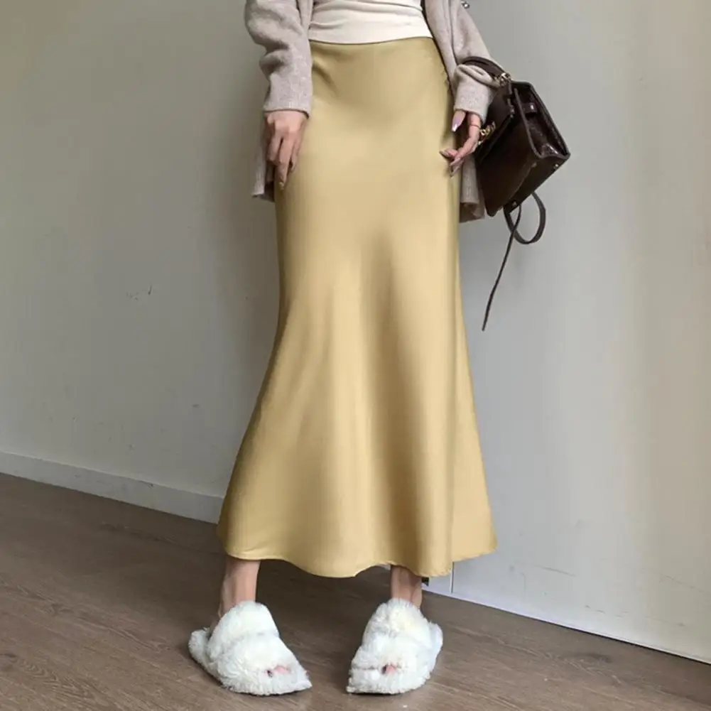 Rok Maxi pinggang tinggi wanita, Rok ekor ikan tekstur Satin Retro warna polos dengan desain dibungkus