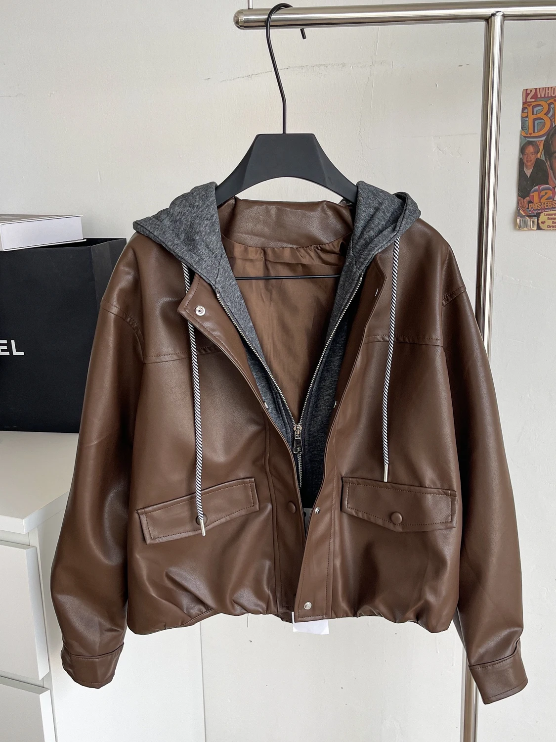 Casual Faionable Korean Sle Women's Leather Jaet Coat Hooded Patchwork Loose Fit Fall Season Versatile Trendy Outerwear