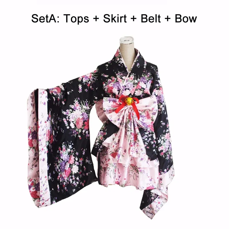 CyJapanese Kimono Sakura stampato Lolita rosa corto sexy gonna a strati cameriera costume cosplay vestito operato da Halloween per le donne
