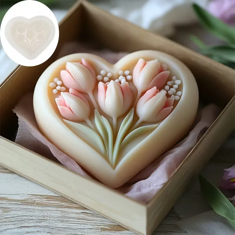3D heart-shaped tulip silicone mold with clear texture, easy to clean and demould, for handmade DIY soap decoration ornaments Va view 5