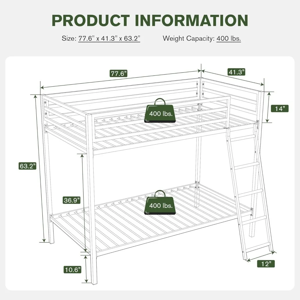 IMUsee Bunk Bed Twin Over Twin Size with Ladder for Junior, Metal Twin Bunk beds with Safety Full-Length Guardrail, Space-Saving