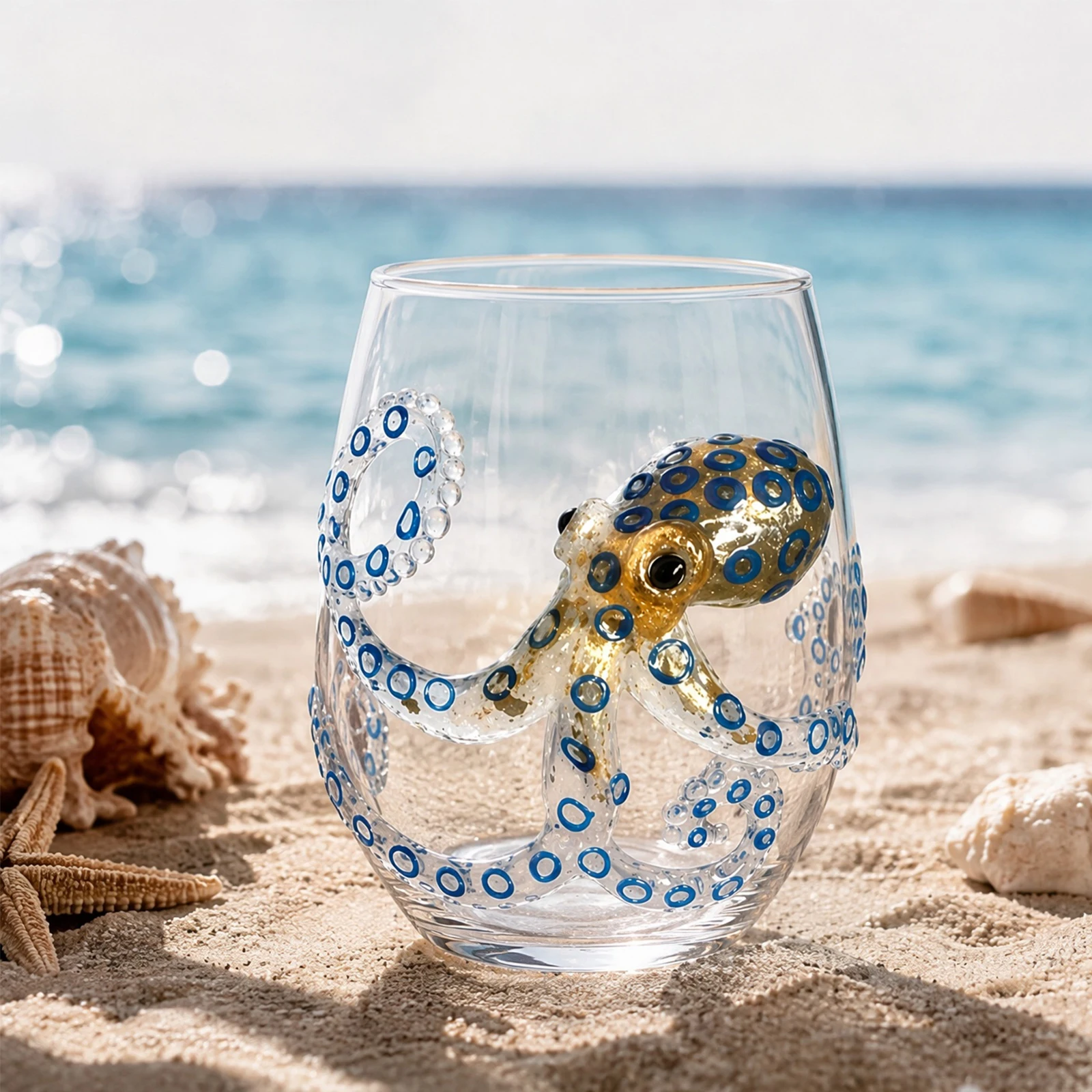 3D Blue Ring Stemless Wine Glass Handmade Ocean Marine Life Bar Drinkware Coastal Home Gift