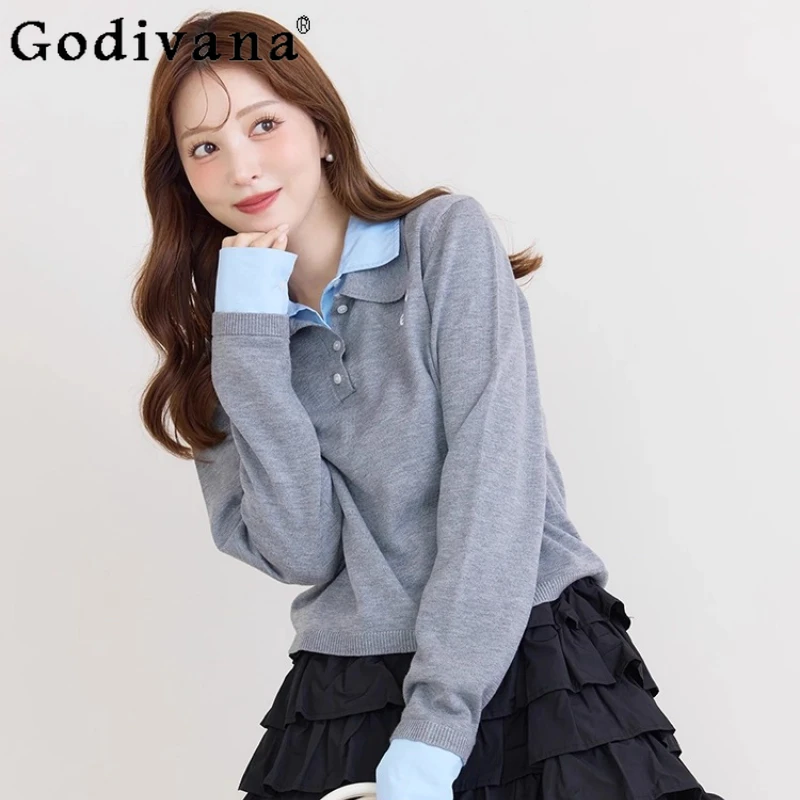 

Spring and Autumn New Women's Daily Casual Knitted Fake Two-Piece Sweaters Women's Polo Collar Simple Elegant Knitted Tops 2025
