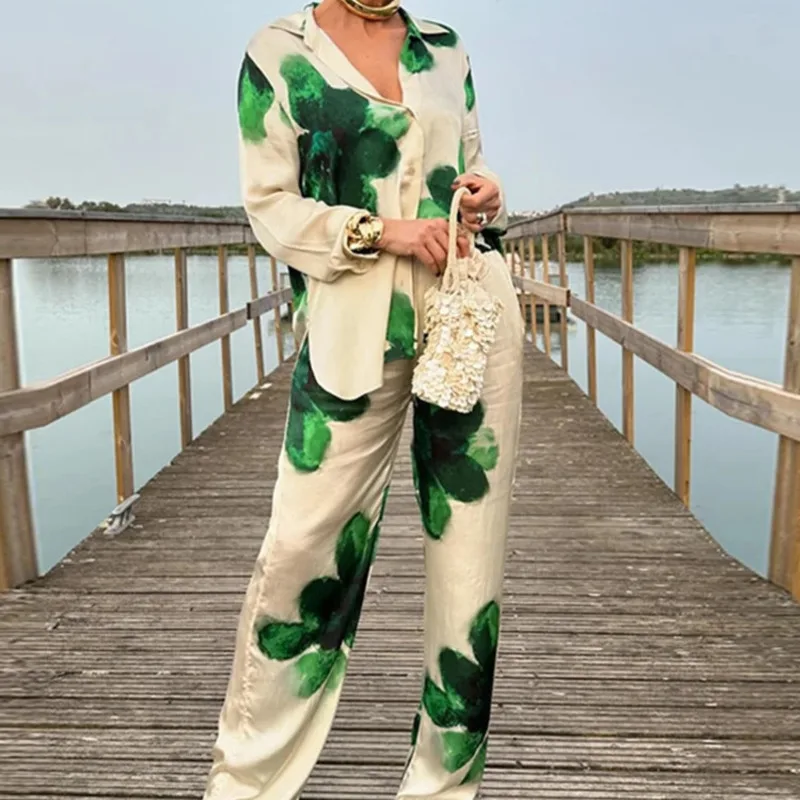 

Women Floral Printed Suit Casual Loose Fit Streetwear Style Turn-down Collar Long Sleeve Button Shirt High Waist Wide Leg Pants