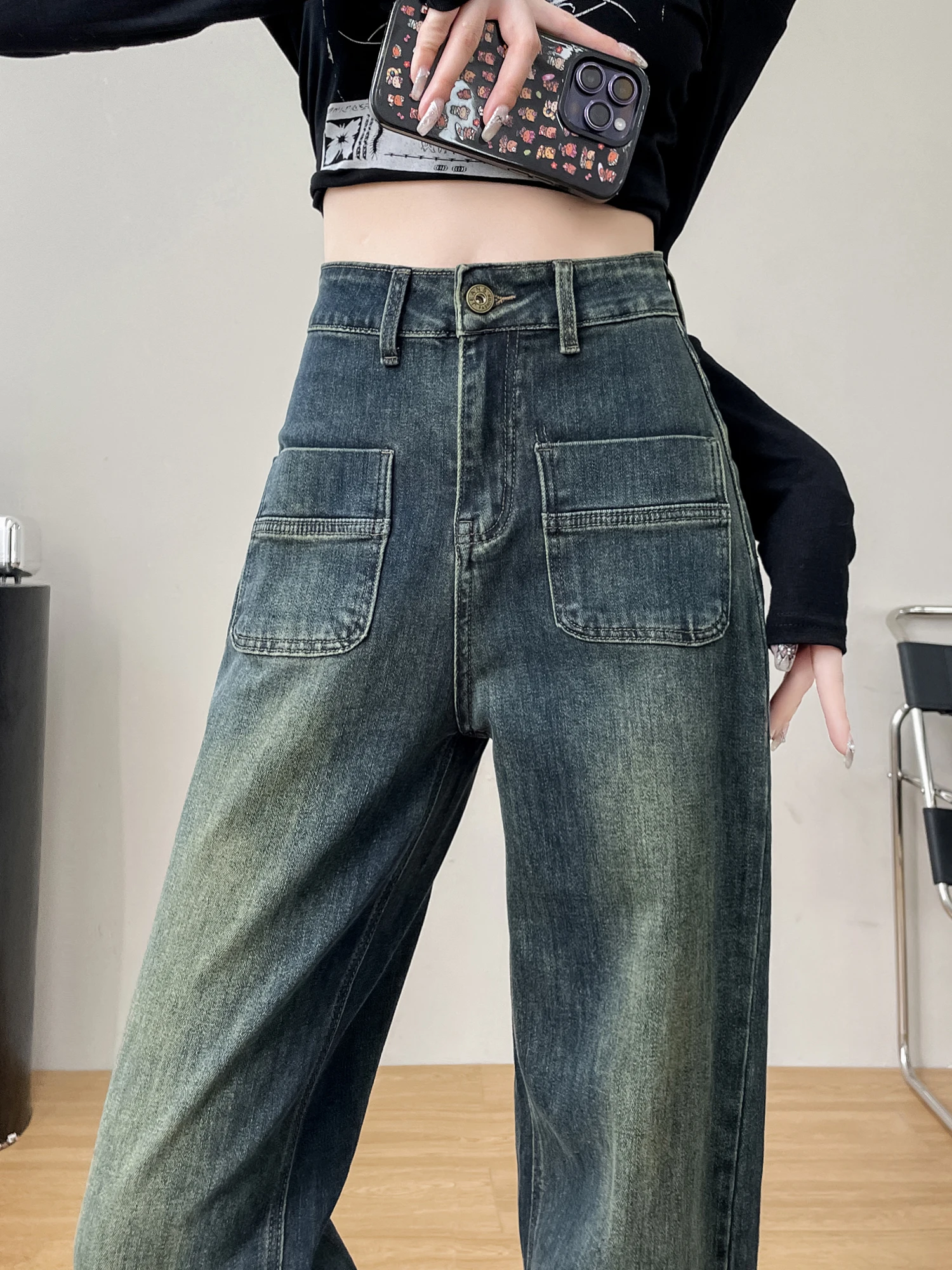 بنطلون جينز نسائي بخصر عالٍ وساق واسعة، تصميم ضيق مستقيم لفصلي الربيع والخريف، مقاس صغير مريح ومرن من الدنيم الأزرق