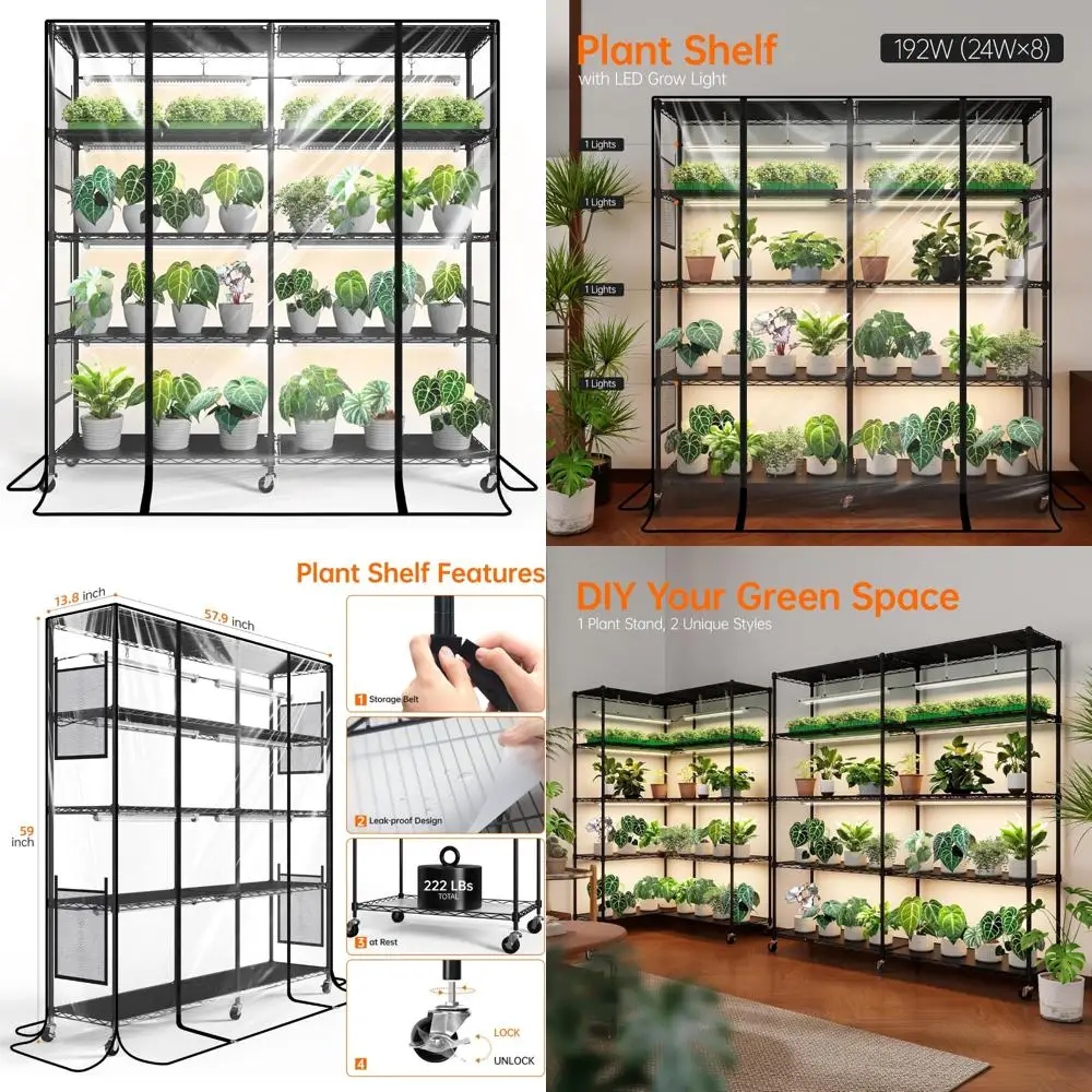 دفيئة داخلية مع أضواء LED للنمو، رف نباتي كبير، أضواء طيف T8 مكونة من 8 قطع، غطاء دفيئة صغير