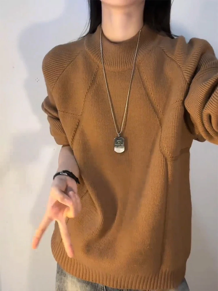 

Khaki f-High Collar Knitted Sweater Thi Warm Men Women Autumn Winter Simple Sle Fce-Lined Base Layer Top