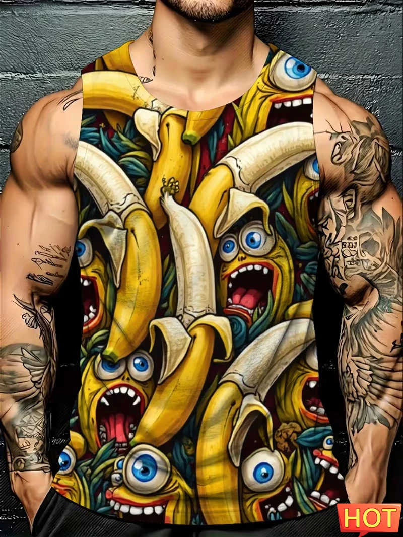 Summer Mens Sleeveless Tops 3D Print Fruit Pattern Tank Top New Banana 3D Print Oversized Vest Tee Shirts Streetwear Men Tops