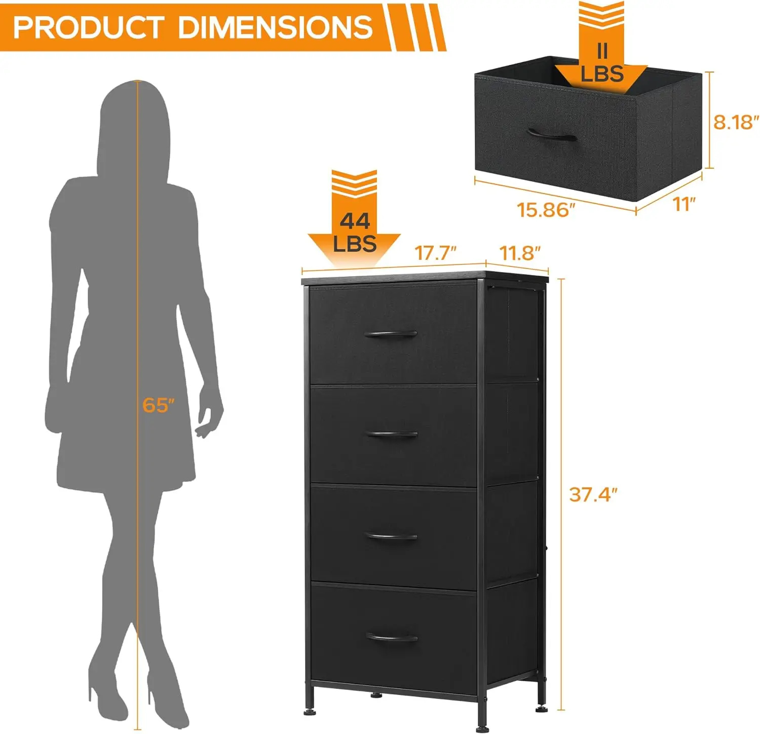 Dresser for Bedroom, 4 Storage Drawers, Tall Fabric Closet Chests Organizer Tower Furniture with Wooden Top Metal Frame