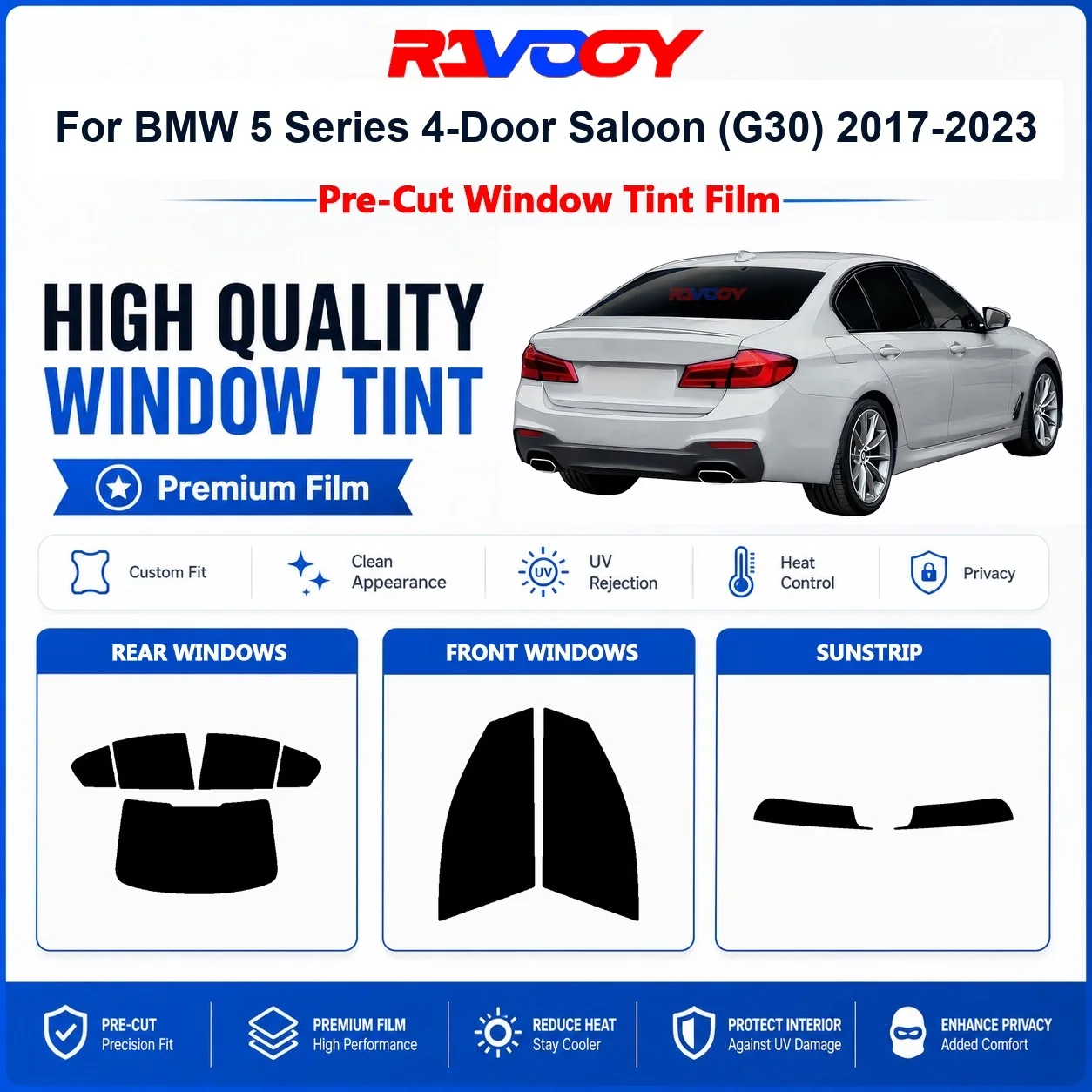 Premium Pre-Cut Window Tint For BMW 5 Series 4-Door Saloon (G30) 2017-2023 Front & Rear Windows UV Heat Rejection Privacy Film