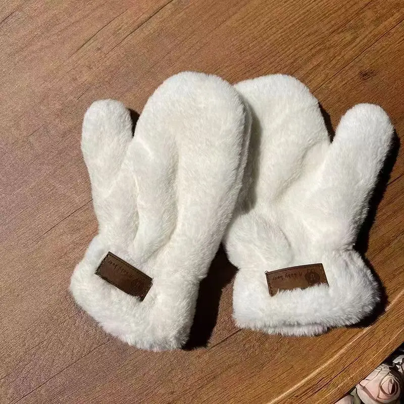 겨울 양털 플러시 베어 패치 장갑 여성용 목 스트라이프 귀여운 학생용 라이딩 보온 두꺼운 따뜻한 추운 날씨용 ​