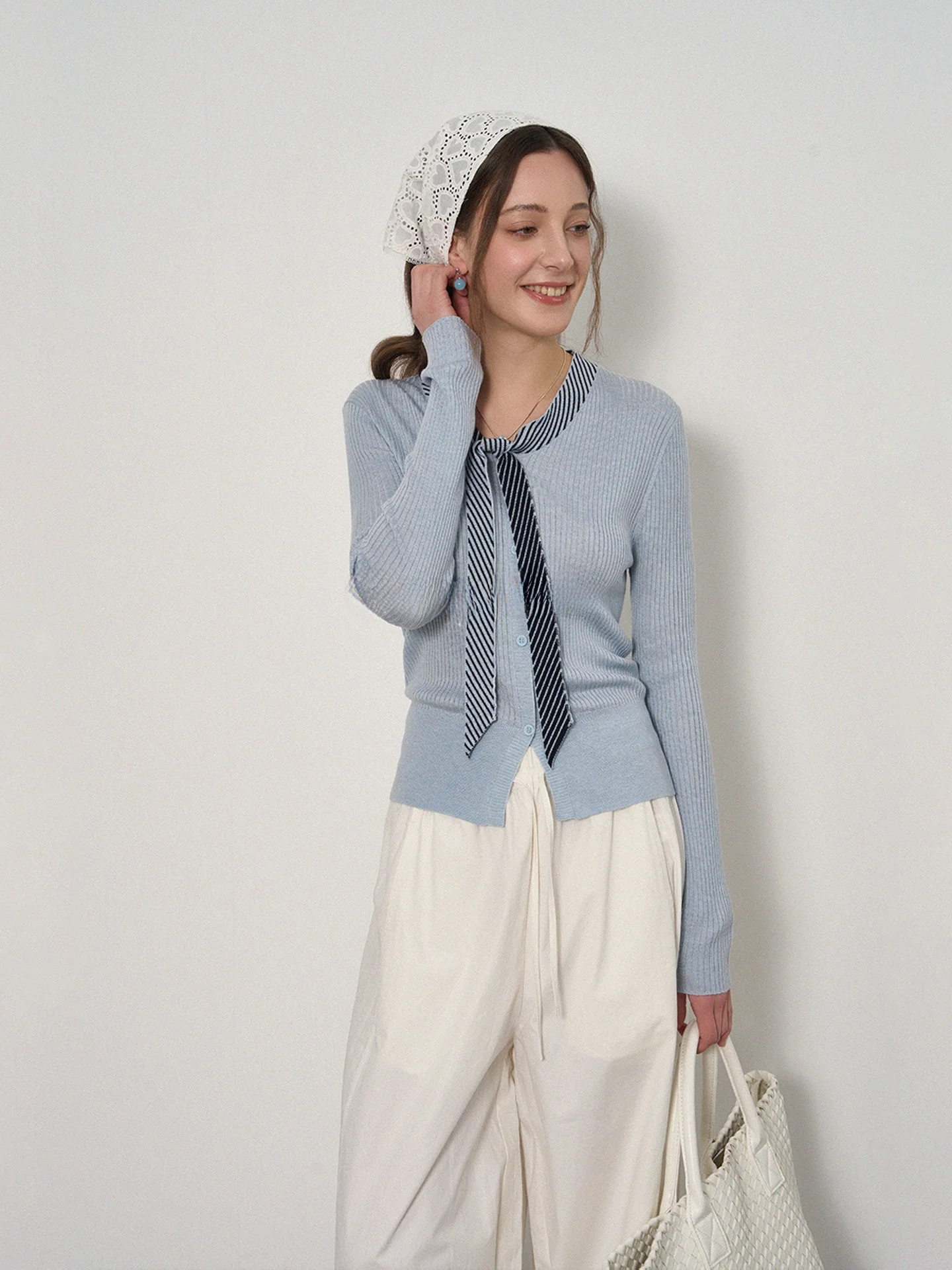 

Eylilac Women's Knitted Long Sleeve Sweater Wool Blend Soft Striped Tie Decorated Slim Fit Knitwear Casual Spring Fashion