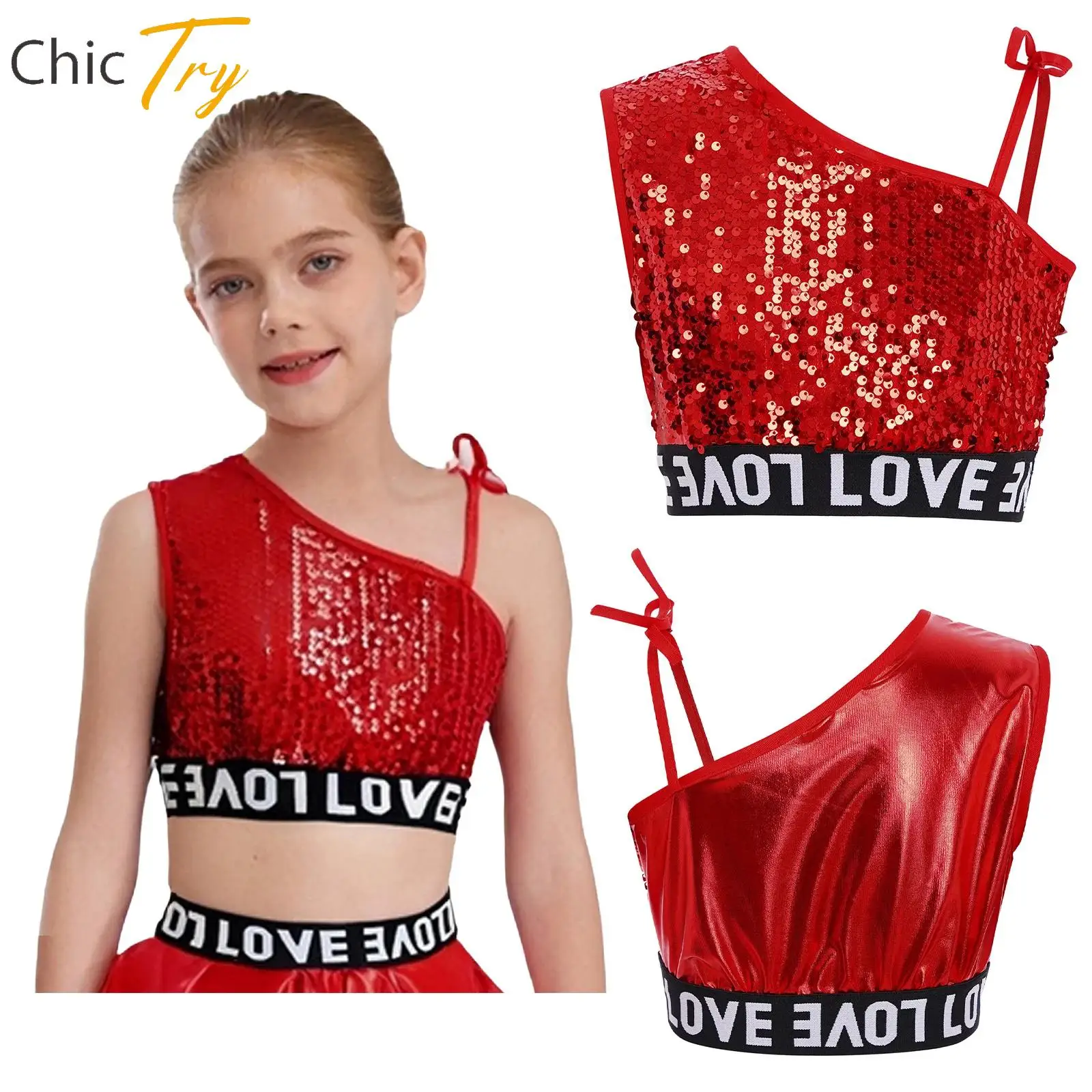 

Girls Boys Cheerleading Dance Tops Hip-Hop Jazz Dance Costume One Shoulder Sleeveless Sequins Vest Fashion Crop Top Street Wear