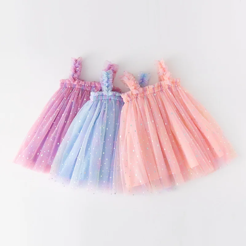 2025 New Baby Girl Dress Fashion Cute Baby Clothes Polka Dot Fantasy Rainbow Sling Mesh Puffy Skirt Sweet Princess Dresses12M-6Y