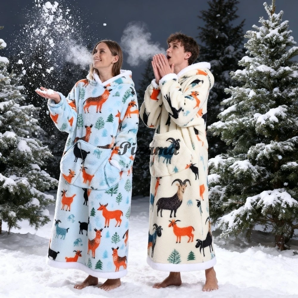 عيد الميلاد سوبر طويلة قطعة واحدة مقنعين المتضخم يمكن ارتداؤها التلفزيون البطانيات الرجال الرنة عيد الميلاد البشكير الكبار نايتي ارتداء أردية الحمام #1