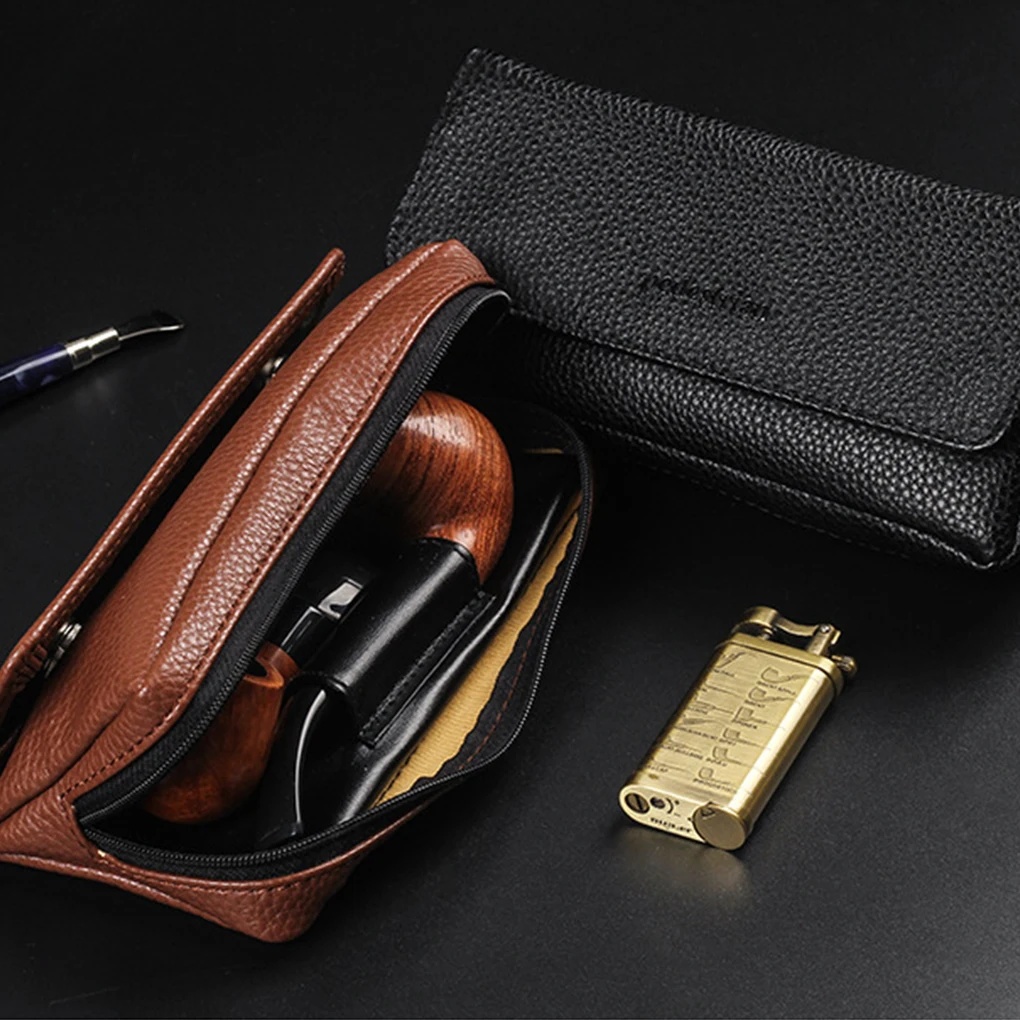 Stylish Compact Size Leather Tobacco Pouch Case With 2 Pipe Holder Pocket Multi-purpose Easy-to-