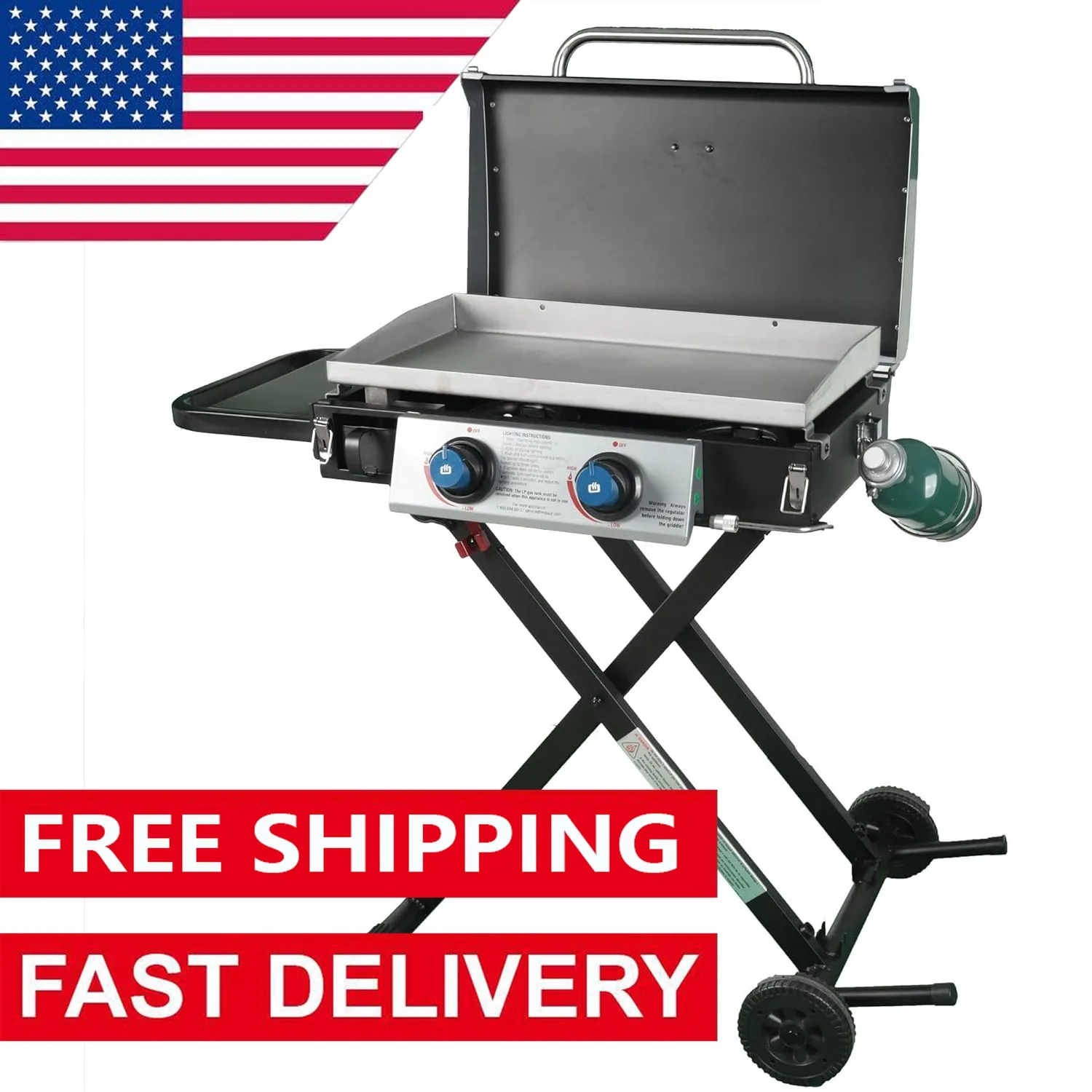 

Griddle GGC2030M 25 Inch Outdoor 2 Burner Portable LP Propane Gas Grill Griddle with Top Cover, Wheels, & Storage Shelf ﻿