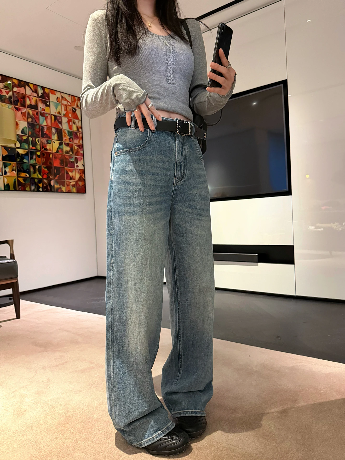 

EKOOL mid High Waist Distressed Wide Leg Straight Jeans Women's Spring Loose Fit Slimming Long Pants Korean Style Cotton