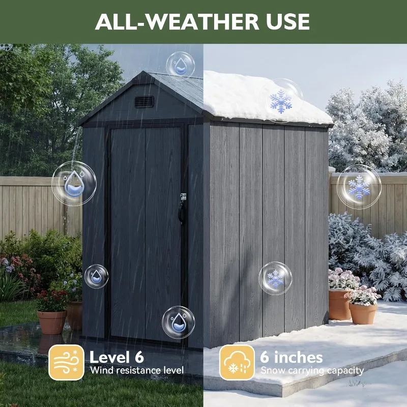 Aoxun 4 x 6 FT All-Weather Resin Storage Shed – Dark Gray Outdoor Plastic Tool Shed with Reinforced Floor, Lockable Door & Built