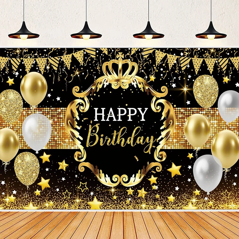 Photography Backdrop Black and Gold Balloons Men Women Adults 30th 40th 50th Happy Birthday Party Decoration Background Banner