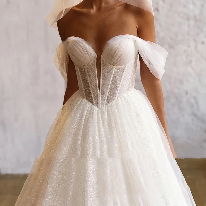 Maßgeschneiderte, glänzende, schicke Brautkleider aus Organza mit Stickerei, Pailletten, A-Linie, Braut-Boot-Ausschnitt, ärmellose Robe De Mariee