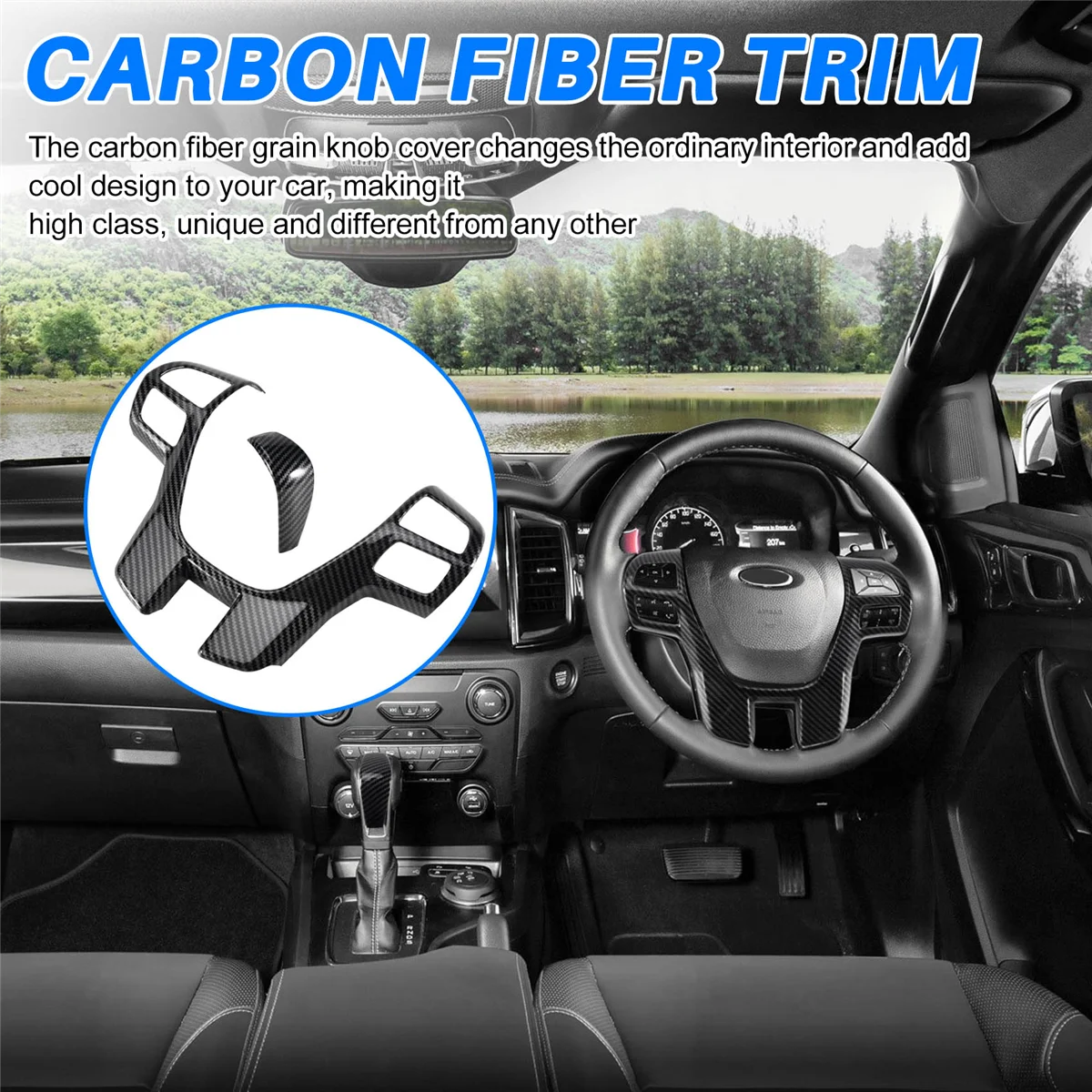 for Ford Ranger Everest Endeavor 2015+ Carbon Fiber Steering Wheel & Gear Shift Cover Trim Frame Decorator AccessoriesJAS