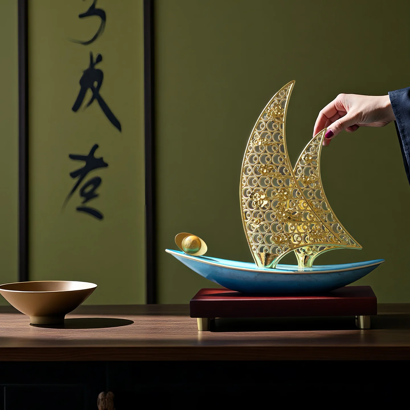 New Chinese style smooth sailing silk enamel handicrafts sailboat ornaments living room office new home housewarming gifts