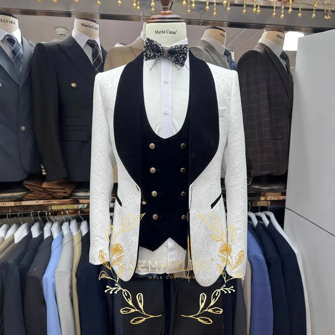 

Formal Paisley Men Suits Slim Fit 3 Pieces Groom Tuxedos Shawl Lapel Blazer Pants Wedding Business Prom Male Men Clothing