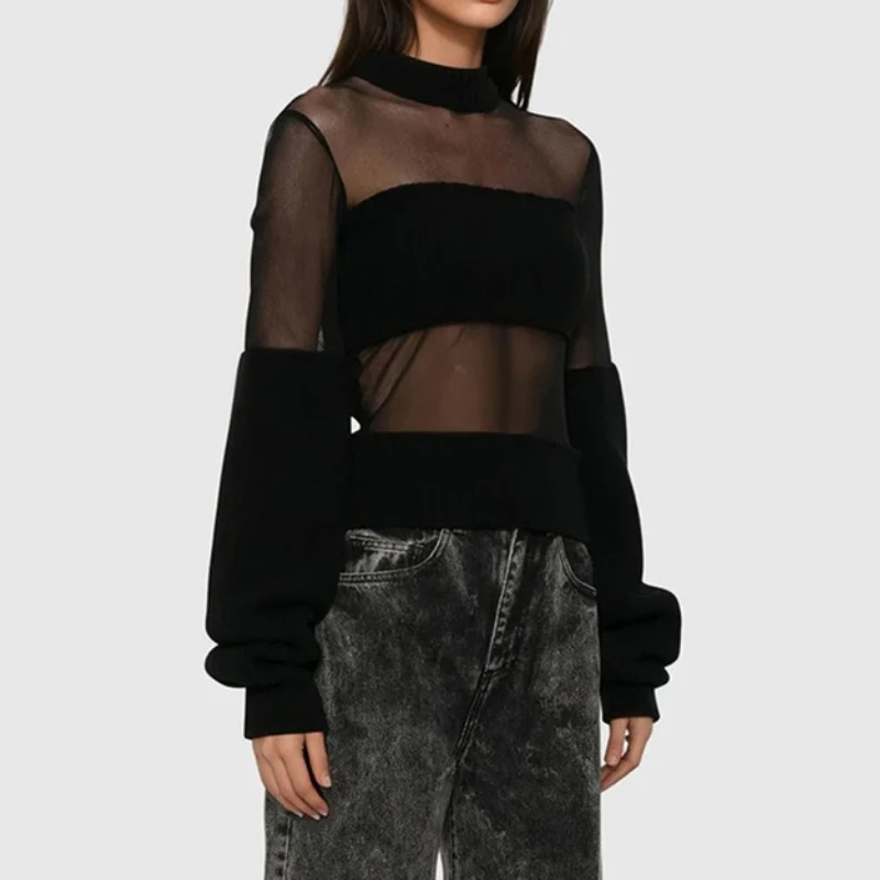 

Women's Autumn and Winter High Neck Pullover with Transparent Mesh Splicing Lantern Sleeve Top