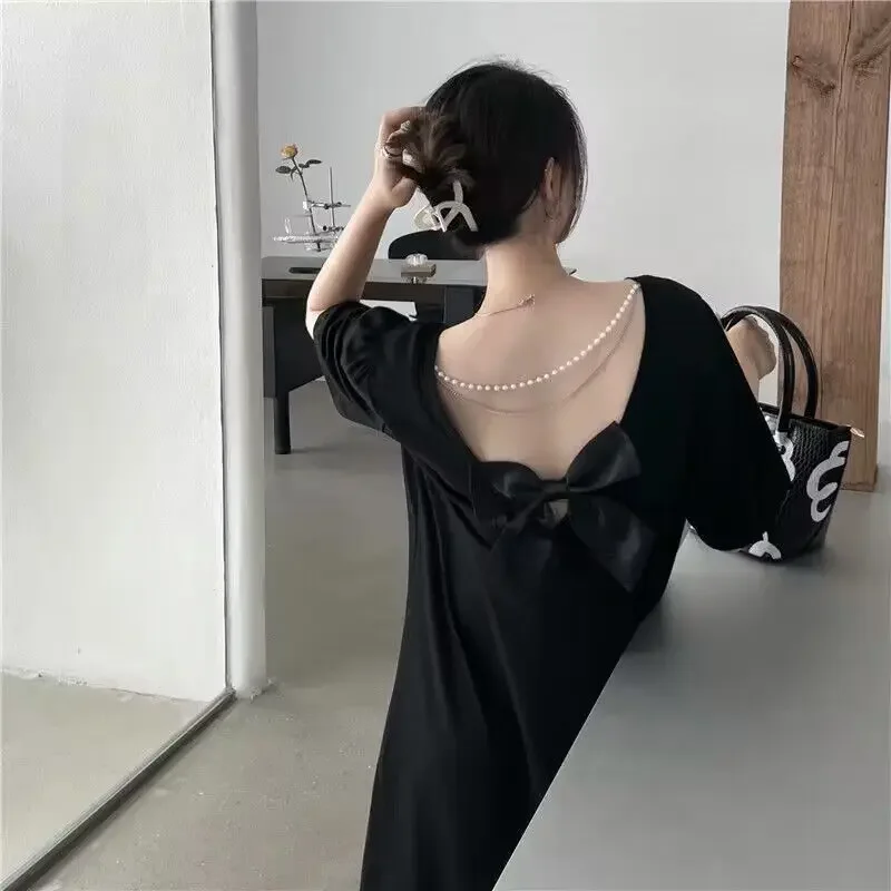 Einfachheit Backless Kurzarm Mode T Shirt Kleid Sommer Lose Bogen Patchwork Casual Midi Kleid Koreanische Trend Frauen Kleidung